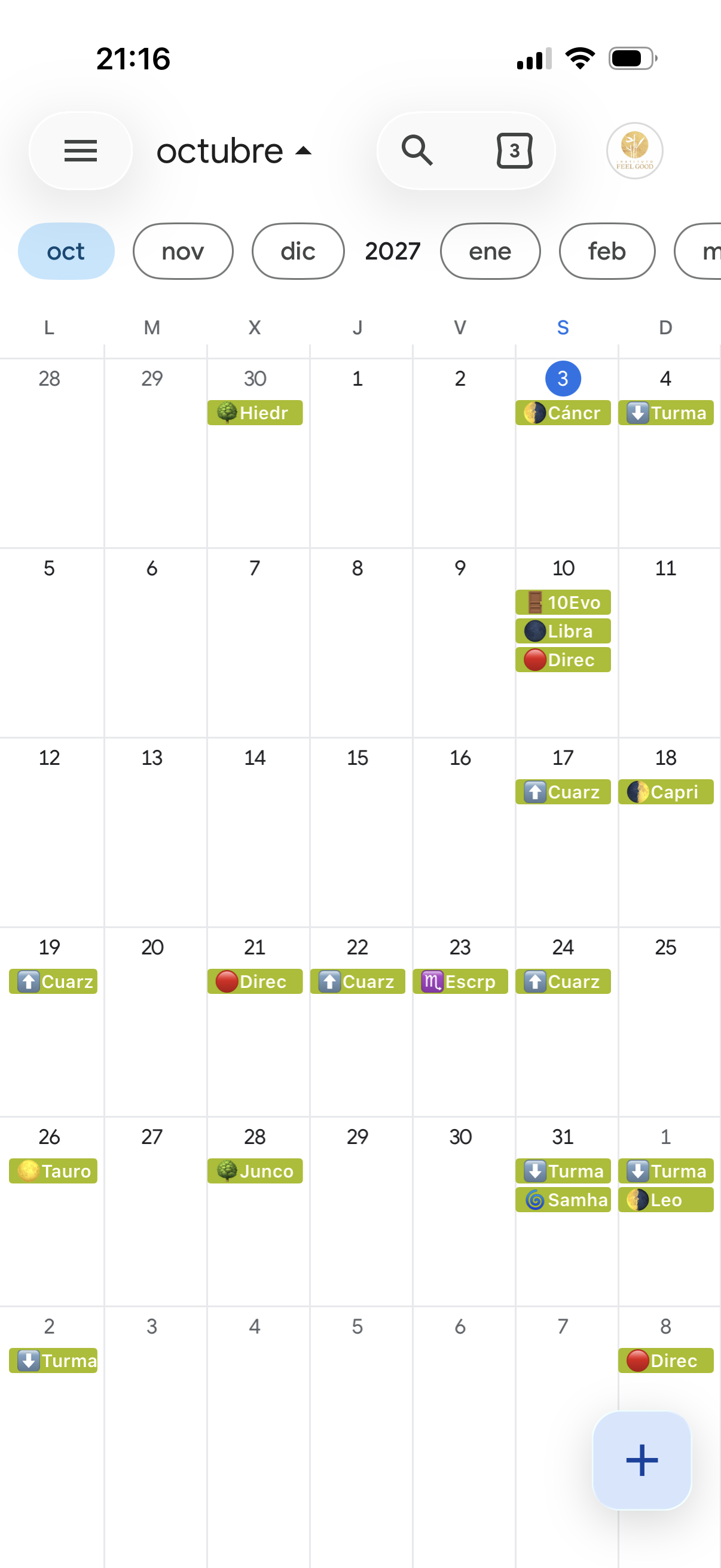 Captura del Calendario Almas Mágicas en la aplicación de Google Calendar del móvil, octubre de 2026