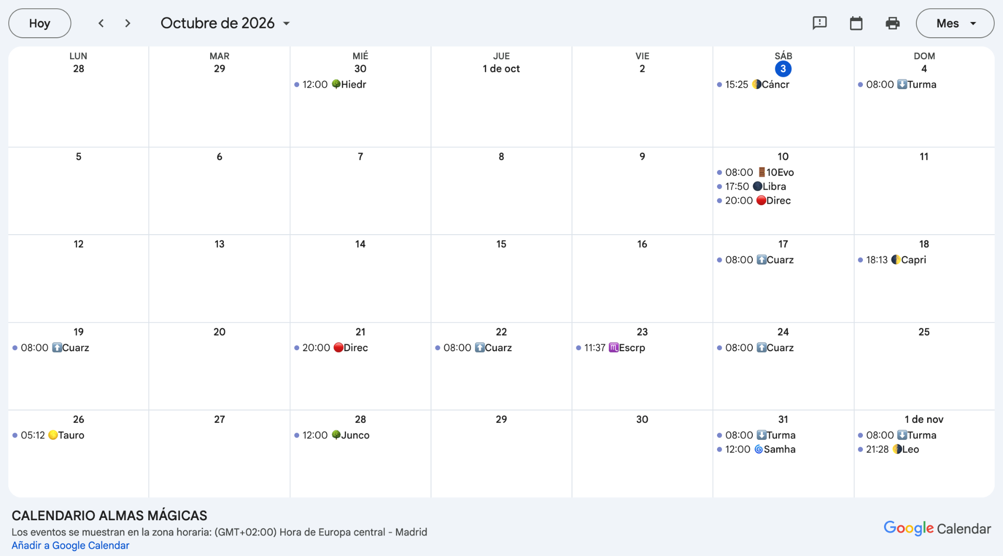 Vista real de Google Calendar del Calendario Almas Mágicas en octubre de 2026, con lunas, Portales, sesiones y ciclos naturales